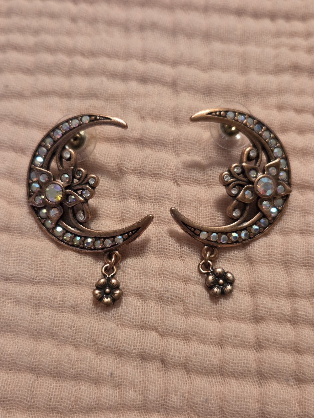 Kirks Folly Bronze Crescent Moon & Flower Crystal Stud Earrings